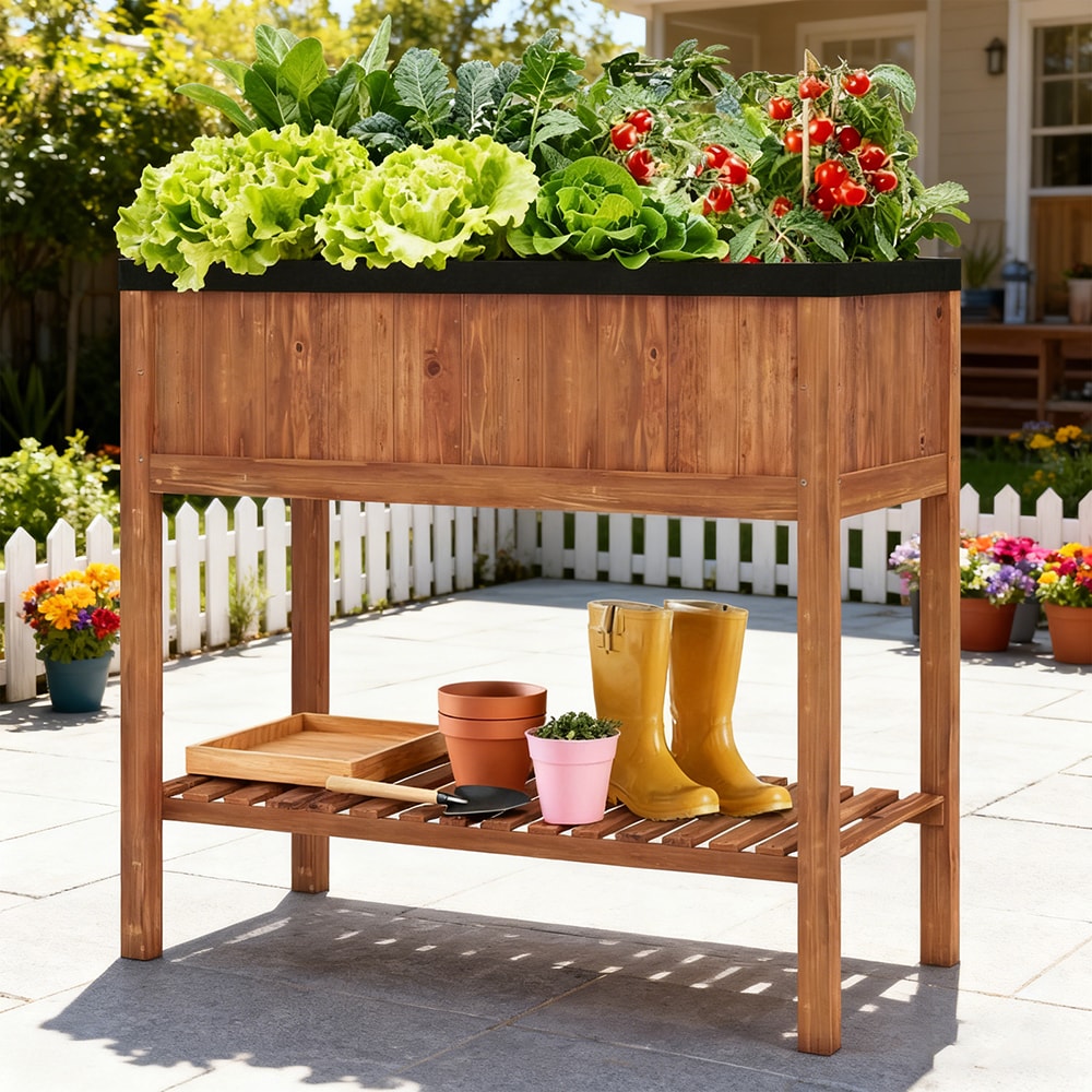 Wooden Raised Garden Bed With Storage Shelf And 220 LBS Capacity_voghion.com